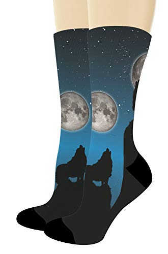 Mens Animal Socks Howl Wolf and Moon Cool Wolf Apparel Wolf Novelty Gifts 1-Pair Novelty Crew Socks