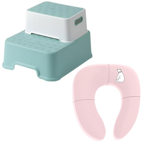 LINXAS 補助便座 おまる 折りたたみ トイレトレーニング 子供用 幼児用便座 キッズ用便座 子どもトイレ ベビー補助便座 (3WAY踏み台(ミント)+(補助便座しろくまさん・ピンク)セット)