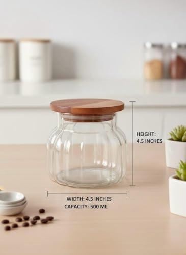 Image of SUANI Air Tight Bubble Glass Jar Container with Wooden Lid for Home and Kitchen | Odor Free Storage Jar | Jars For Cookies, Namkeen, Dry Fruits and Kitchen Storage, (500Ml) (Pack Of 2)
