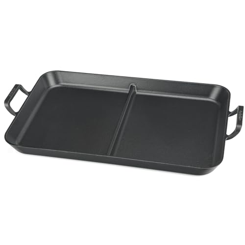 Onlyfire 52 x 34 cm Plancha de Gril en Fonte, Plat de Cuisson Rectangulaire avec Séparateur Central, Poêle à Griller avec Doubles Poignées pour Barbecue à Gaz, Induction, Feu Ouvert et Four