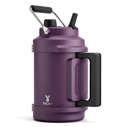 Image of 1 Gallon Insulated Water Bottle for Sports: Meoky 128 oz Triple Wall Vacuum Stainless Steel Water Jug - Top and Side Handles, Cold for 48 Hrs, 2-in-1 Straw and Spout Lid, Leak Proof for Hiking (Plum)