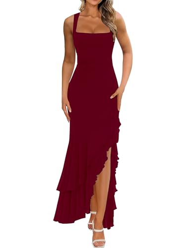 BORIFLORS Womens Elegant Bodycon Ruched Maxi Cocktail Dress Mesh Sleeveless Mermaid Ruffle Beach Wedding Guest Long Dresses Small Wine Red