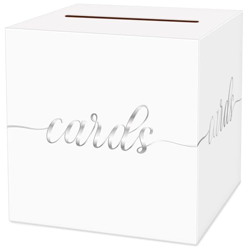 Image of 1 Pack White and Silver Foil Card Box for Party, 8.7 inch White Gift Card Box for Birthday, Wedding, Baby Shower, Retirement, Anniversary, Graduation, Raffle Ticket