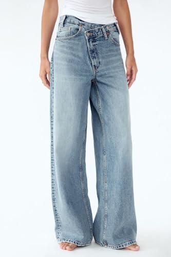 yoeasy Women's Casual Baggy Jeans Crossover Mid Waist Wide Leg Loose Boyfriend Denim Pants Trousers with Pockets3