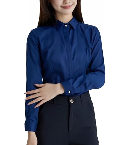 [billevan] シャツ ブラウス レディース 長袖 半袖 隠しボタン 竹繊維 形態安定 ノーアイロン オフィス カジュアル ファッション ビジネス 通勤 春 秋 日常 高通気性 (JP, アルファベット, XL, 長袖ネイビー)