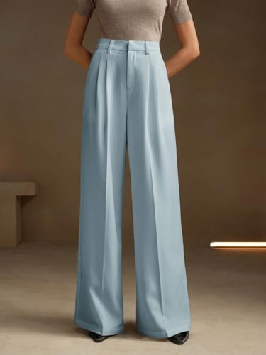Image of KOTTY Women's High Waist Solid Color Hook and Bar Wide Leg Trousers Loose Comfort Trouser with Pockets