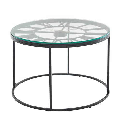 FineBuy Couchtisch Glas Metall 60x60x43 cm Sofatisch mit Deko-Uhr, Design Wohnzimmertisch Rund, Kleiner Kaffeetisch Modern, Beistelltisch Anstelltisch Wohnzimmer