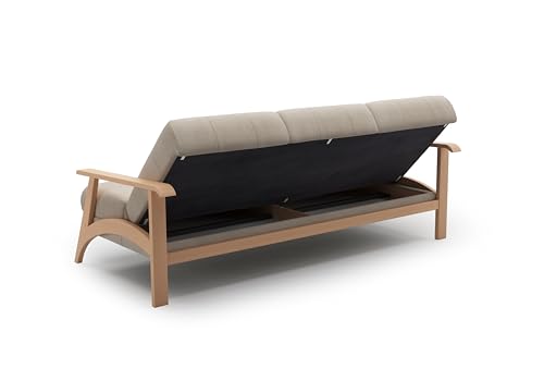 Cavadore 3er-Sofa Billan / 3-Sitzer Schlafsofa im skandinavischen Design mit Bett und massivem Holzgestell in Buche / 199 x 88 x 106 / Flachgewebe, Beige – Bild 5