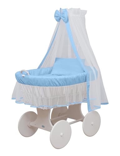 Waldin Stubenwagen-Set mit Ausstattung,XXL,Bollerwagen,komplett,6 Modelle wählbar,Gestell/Räder weiß lackiert,Stoffe blau/weiß