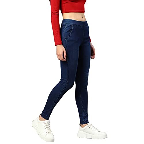 Image of Blue High-Rise Slim-fit Jeggings, has an Elasticated Waistband, has a Slip-on Closure and Four Pockets