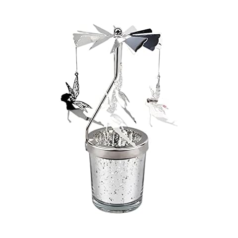HYLOOD 7x3x2In Carousel Rotary Candle Holder Metal Spinning Tea Lights Candle Holder Rotary Glass Tealight Candle Holders Rotating Tea Candle Holder for Home Decor, Silver Cover