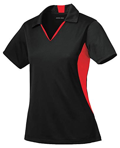 Joe's USA Ladies Moisture Wicking 2 Tone Micropique Golf Polos-L-Black/True Red