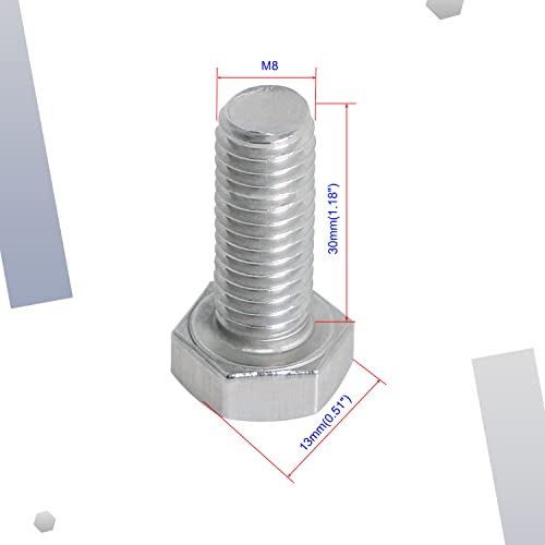Image of M8 x 30mm Hex Head Bolts Screws Grade 6.8 Stainless Steel, Fasteners Fully Machine Threaded SUS304 10 Pcs