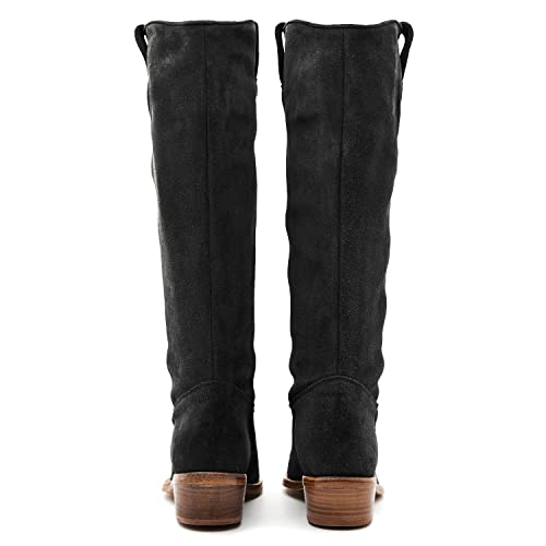 LEHOOR Women Stacked Heel Black Slouchy Knee High Western Boots Comfort Wide Calf Pointed Toe Velvet Suede Leather Black Cowboy Boots Low Heel Pull On Black Combat Boots Dressy Winter Winter Black 104