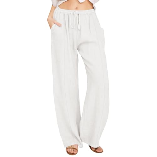Ropa Mujer Verano 2025, Pantalones De Lino Mujer Yoga Elasticos Pantalon Tallas Grandes Fluido Comodos Pantalones Anchos con Bolsillos Linen Pants Women Compra Online(Blanco,S)