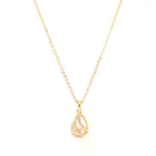 Gold Plated Dangling Round Pearl with Crystal Deco Necklace
