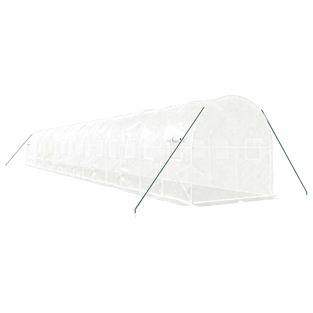 Gewächshaus mit Stahlrahmen Weiß, 32 m², 16 x 2 x 2 m, PE Folientunnel mit 4 Netzfenstern und Reißverschlusstür für Anbau, Aussaat, Keimung und frostgeschützte Pflanzenpflege