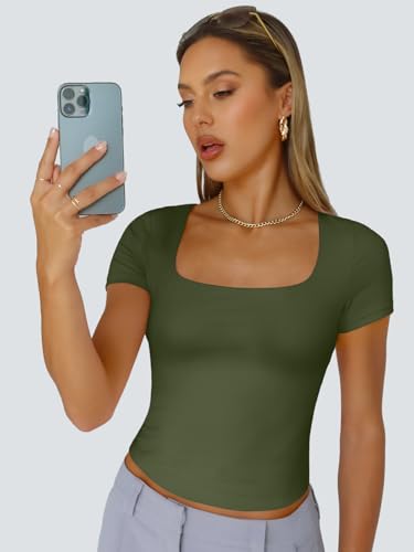 Trendy Queen Short Sleeve Shirts for Women Double Lined Square Neck Cute Going Out Crop Tops Spring Summer Teens Basic Tees