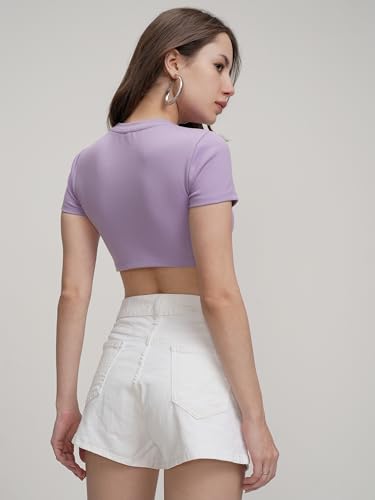 Image of Tokyo Talkies Women's Round Neck Fitted Crop Top | Short Sleeves | Chic & Versatile | Perfect for Casual & Layered Looks | Tops for Woman | Women Tops | Women Crop Top