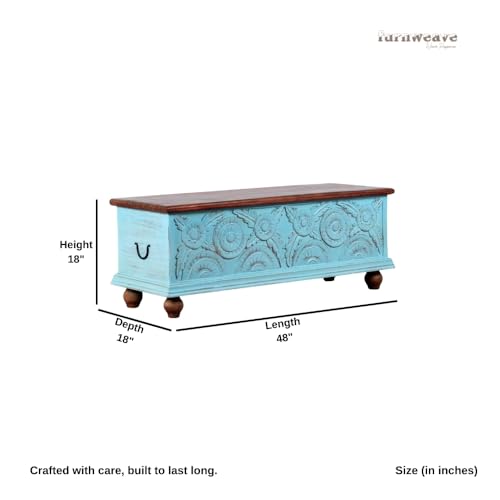 Image of Revia Wooden Trunk Box for Storage | Solid Wood Coffee Table for Living Room | Handcrafted Center Tea Table with Sandook Storage for Living Room | Pitara for Home and Bedroom (Blue Distress)