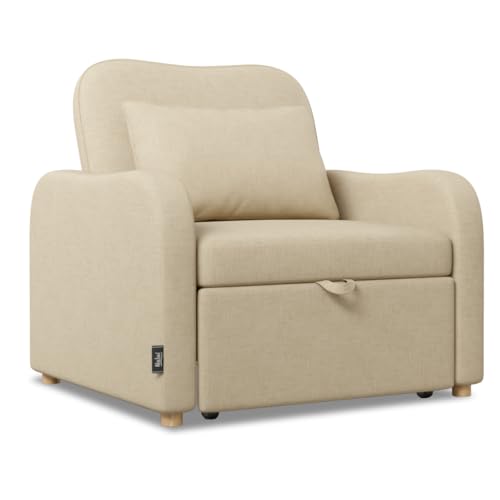 Nalui-Sofá Cama 1 Plaza 3 en 1 Buddy 92x97x90cm con Respaldo Ajustable 2 Posiciones y Almohada. Sofá Cama Individual de Lino, Soporta hasta 200Kg. Sillón Relax Reclinable con Reposabrazos, Beige
