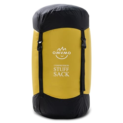 OMVMO Sleeping Bag Stuff Sack, 11L/18L/30L/45L/52L Water-Resistant Compression Sack,Anti-Tear Ultra Light Nylon Storage Bag，Black/Yellow/Orange/Dark Blue/Dark Green/Sky Blue (Yellow, S/12L)