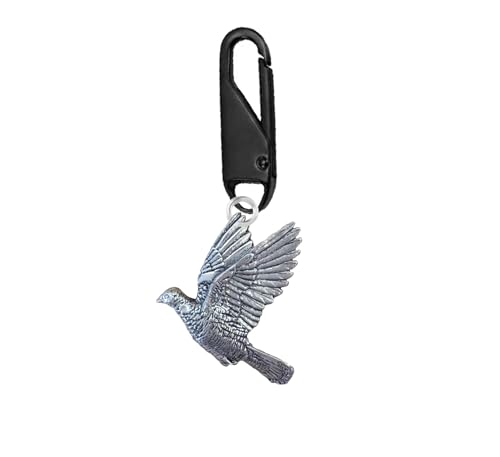 Photo de B34 Woodpigeon en étain anglais fin sur un bouton-pression noir amovible pour réparation de sacs, pendentif universel pour veste et manteau en duvet
