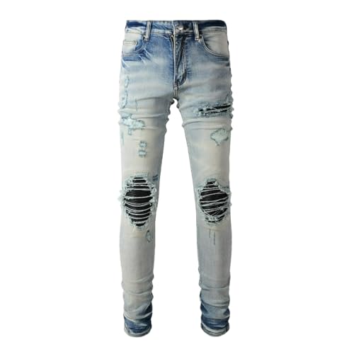 Jeans Pants Trouser Denim Men Stretch Slim Fit Trendy Street Worn Hole Washed Light Blue Grinding Fading Retro Wrinkle Elastic Tight Casual Small Foot(Light Blue,29)