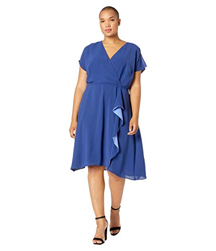 Adrianna Papell Plus Size Gauzy Crepe A-Line Dress with Drape Indigo 18W