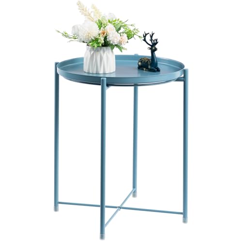 HollyHOME Round Metal Side Table, Outdoor Small Folding Accent Stand with Removable Tray, 17.72'' Portable End Table for Balconies, Gardens, Living Rooms and Bedrooms, Blue
