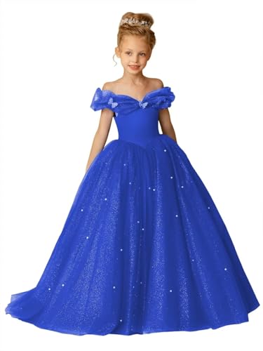 JISISANG Off Shoulder Flower Girl Tulle Tutu Dress for Kids Floor Length Wedding Party Evening Formal Pegeant Dance Gown