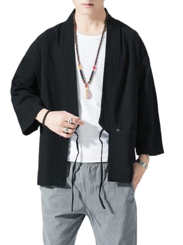 Image of Men's Japanese Kimono Cardigan Loose Cotton Linen 3 /4 Sleeve Open Front Casual Summer Shirt Jackets