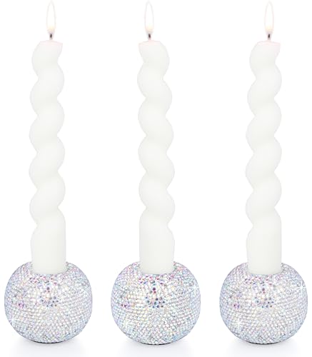 Vixdonos Round Resin Rhinestones Candlestick Holders Set of 3 Ceramic Candle Holder Bulk for Taper Candles,Silver