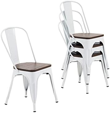 Nazhura Metal Dining Chair Farmhouse Tolix Style for Kitchen Dining Room Café Restaurant Bistro Patio, 18 Inch, Stackable, Waterproof Indoor/Outdoor (Sets of 4) (White with Wood Padding)