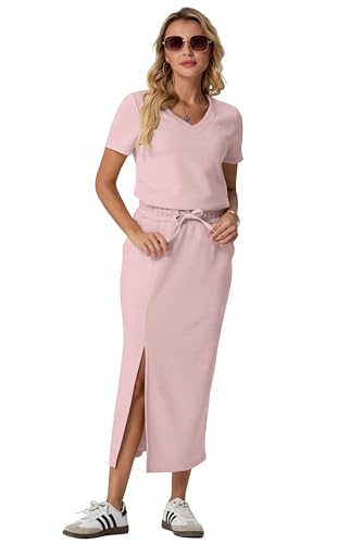 Image of GRECERELLE Women Summer Casual 2 Piece Sets V-Neck Wrinkle-Free Top & Elastic Waist Midi Side Slit Skirt with Pockets