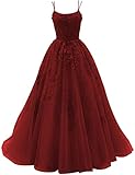 petyoo Tulle Prom Dresses for Women 2025 Long Ball Gown Lace Spaghetti Straps Formal Dress Burgundy Size 4