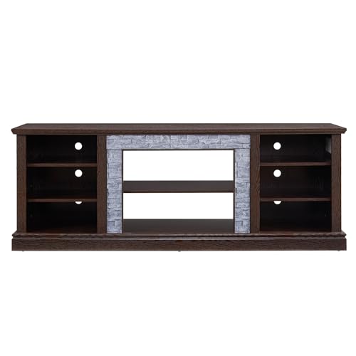 CKEASEAN 70" Modern TV Stand with Realistic Stacked Stone Surround, Entertainment Center with Storage Space, Wooden TV Console Table for TVs Up to 75", Rack for Living Room (Cherry, 70 inch)