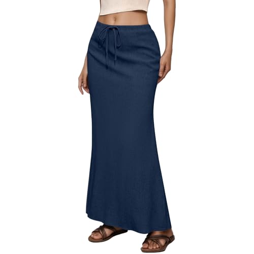 Faldas Largas Mujer Primavera,Falda Midi Informal De Cintura Alta con CordóN EláStico para Mujer con Abertura En La Espalda para Vacaciones Diarias Primavera Y Verano Falda BáSica Lisa
