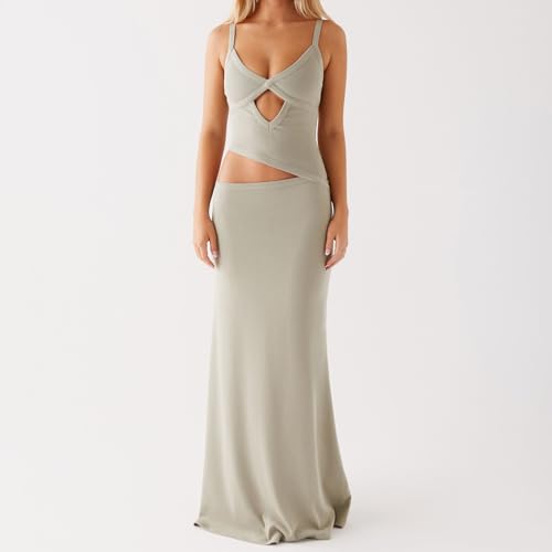Image of Women Cut Out Maxi Dress Sleeveless Spaghetti Strap V Neck Backless Summer Bodycon Long Dress Party Dress