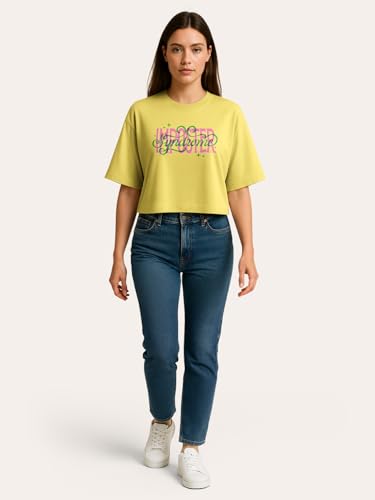 Image of HELLCAT Beige Printed Loose Fit Crew-Neck Crop T-Shirt for Women