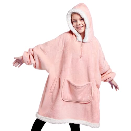 Image of Giggling Getup Wearable Blanket Hoodie for Girls and Boys Sherpa Fleece Hooded Blanket Sweatshirt Warm Cozy Sherpa Wearable Throw Oversized Hoodie with Giant Pocket & Sleeves for Kids Pink