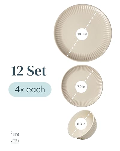 Image of Stoneware Dinnerware Set for 4 People HYGGE 12-Piece - Elegant Scandi Design - Premium Dish Set - Bowl and Plate Set - Tableware for 4 People in a Ribbed Design - Pure Living in Light Brown
