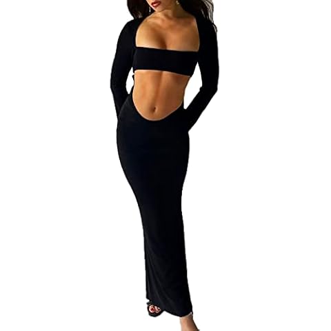 AnotherChill Women's Cut-Out Dress Bodycon Spaghetti Strap Cocktail Sexy Maxi Dresses Summer Dresses for Women 2022, Long Black, Medium Cover