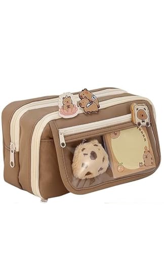 Estojo Escolar Infantil Capivara, Design Kawaii, Marrom com Zíperes, Decorado com adesivos.