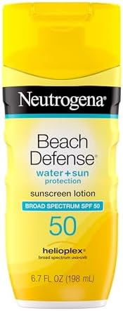 Neutrogena Sunscreen Lotion Beach Defense SPF 50, Face and Body Sunscreen, Hawaii Reef Act 104 Compliant, Octinoxate & Oxybenzone Free, Oil Free, Fast Absorbing Sun Care, 6.7 fl oz