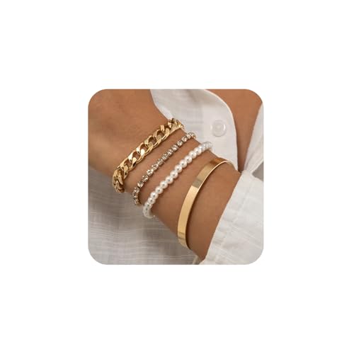 Gold Pearl Bracelets for Women Dainty 14K Gold Plated Stack Set Trendy Stackable Non Tarnish Cuban Link Chain Bracelets Jewelry Sets Gifts for Womem