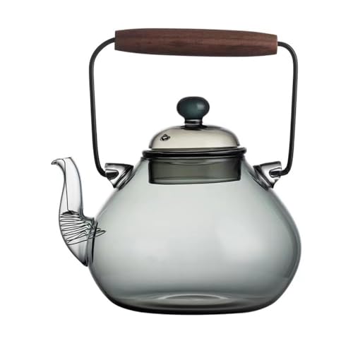 耐熱ガラスポット ティーポット 紅茶ポット 透明 直火可 花茶 麦茶 茶ポット 直火電気ケトル対応 テンレス茶こし一体型蓋 大容量 茶こし付き ガラス製ポット (1000ML,スモークグレー)