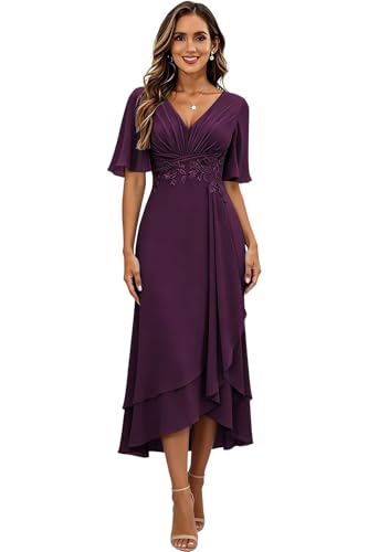 Image of Lace Applique Mother of Bride Dresses Chiffon Mother of the Groom Dresses Tea Length Formal Evening Dress with Sleeve