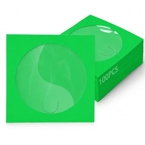 GeeRic CD Sleeve Cases, CD/DVD Paper Media Sleeve Envelopes, 100 Pack Clear Window and Rear Flap, 120GSM 5 Inch Green
