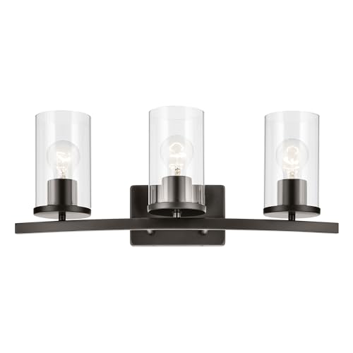 Image of Kichler Crosby 23 inch 3-Light Bathroom Vanity Light Fixture with Clear Glass Shades in Olde Bronze for Modern Powder Room Over Mirror Lighting (23 inch x 8.75 inch), 45497OZCLR